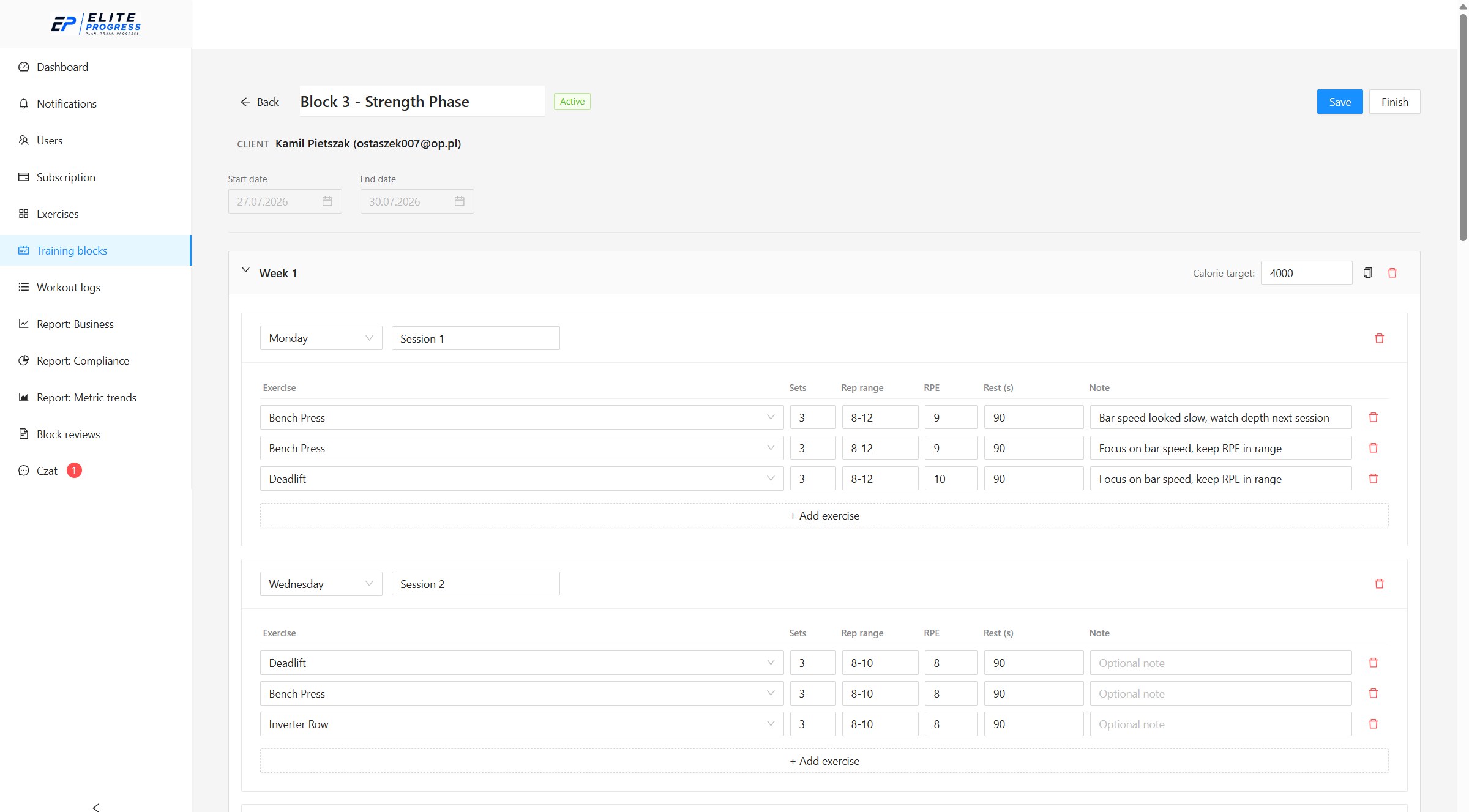 Coach panel training block builder with weeks, sessions and exercise targets