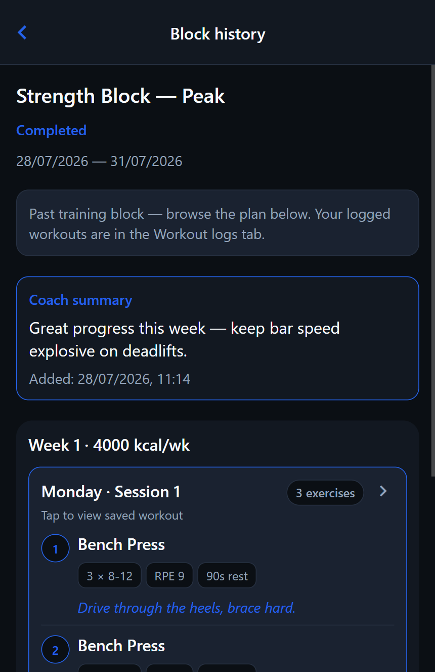 Mobile training block detail showing exercises and coach notes