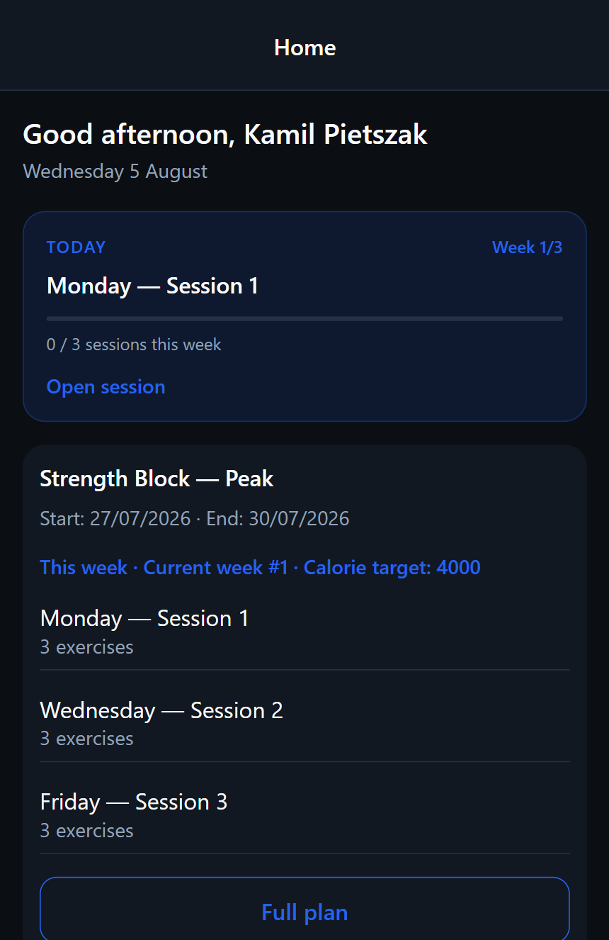 Mobile home screen showing today's session and active training block