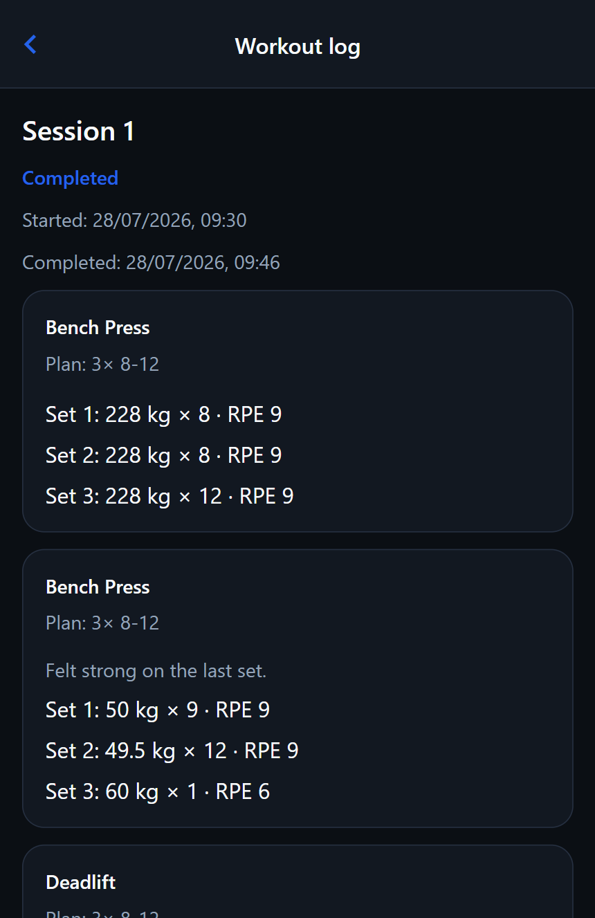 Mobile workout log showing logged sets with weight, reps and RPE